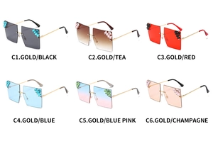 Detailed grid showing six rimless diamond-set square sunglasses in multiple colors