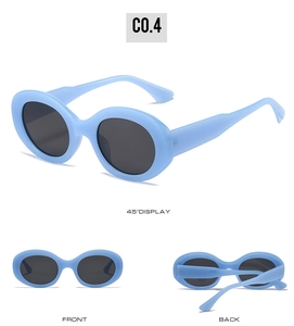 Detailed views of light blue oval sunglasses with wide temples and grey UV lenses