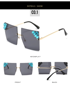 Detailed views of rimless square sunglasses with gray lenses and blue rhinestone accents