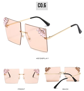 Detailed views of oversized rimless pink sunglasses with crystal rhinestone accents