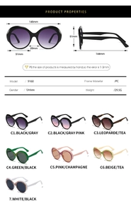 Detailed size chart and technical specifications for retro round PC frame sunglasses