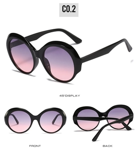 Three-angle view of retro round sunglasses with black frames and purple-pink gradient lenses