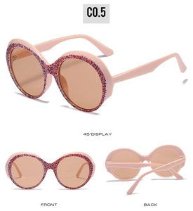 Detailed views of retro round sunglasses with pink frames and colorful glitter textures