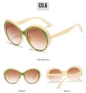 Three perspectives showing cream round sunglasses with green and orange frame details