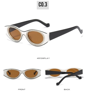 Détail de lunettes de soleil œil-de-chat strassées, monture blanche et verres bruns en 3 vues