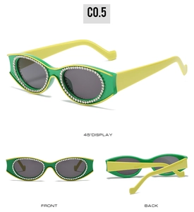 Vues détaillées de la monture verte à strass et des branches jaunes de ces lunettes