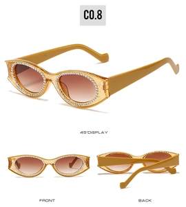 Vues détaillées de lunettes de soleil ovales jaunes avec strass et paillettes