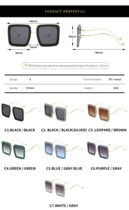 Detailed size specifications for square sunglasses with PC and metal frames