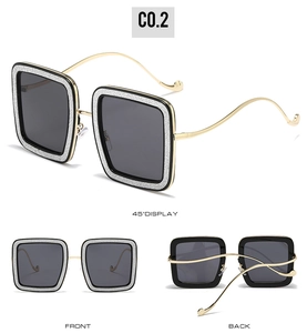 Three-view display of square sunglasses with gold metal frame and silver glitter finish