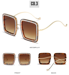 Three-way view of square tortoiseshell sunglasses with wavy gold metal temples