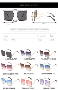 Detailed size chart for rimless oversized sunglasses with metal frames and dimensions