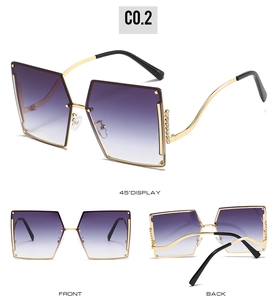 Three-angle views of rimless gradient purple sunglasses with rhinestone-studded gold temples