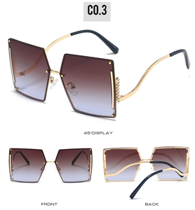 Three-angle view of rimless gradient sunglasses with gold metal frame and rhinestones