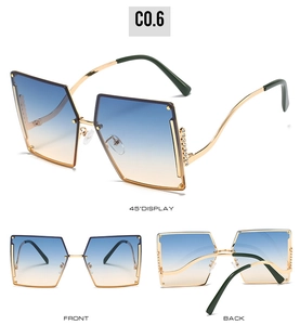 Detail view of rimless square sunglasses with rhinestones and blue yellow gradient lenses