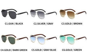 Six lunettes de soleil aviateur avec monture métallique et branches aspect bois assorties