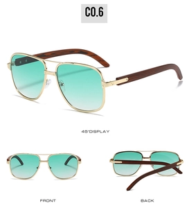 Vue sous trois angles de lunettes aviateur vintage avec monture dorée et branches en bois