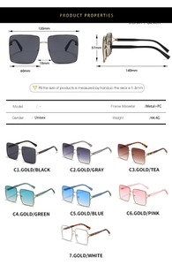 Detailed size chart and multi-color options for unisex square oversized sunglasses
