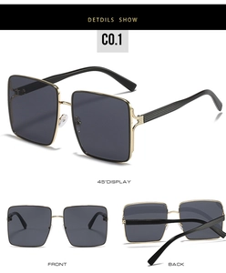 Detailed multi-angle views of square metal sunglasses with dark gray lenses and textured temples