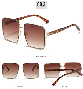 Detailed multi-angle views of square sunglasses with tortoiseshell temples and brown lenses