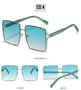 Three-view display of square large frame sunglasses with gradient green lenses and gold frame