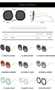 Size chart showing 146mm width and dimensions for unisex PC metal frame sunglasses