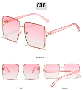 Three perspectives of oversized square sunglasses with pink gradient lenses and metal frames