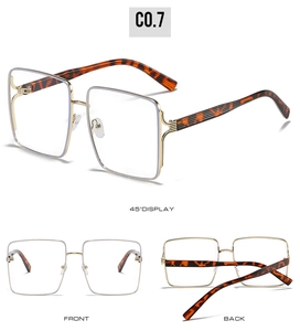 Three-view layout of square fashion sunglasses with gold metal frames and tortoiseshell temples
