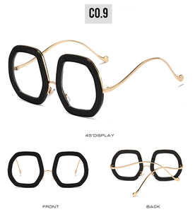 Three-way view of hexagonal black glitter sunglasses with wavy gold metal temples