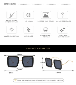 Detailed size specifications for square frame sunglasses with UV400 and glitter effect