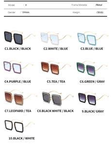 Detailed catalog showing ten color options for unisex square metal frame sunglasses