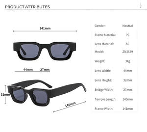 Technical dimensions and specifications of square punk sunglasses in black PC frame