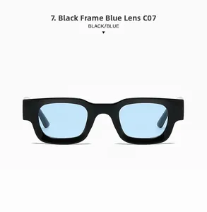 Detail of square black frame sunglasses with blue lenses, punk style model C07