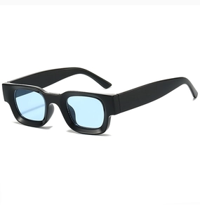 Detail of square black sunglasses frame featuring transparent light blue lenses