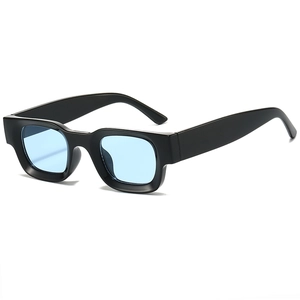Classic thick black square frame sunglasses with light blue translucent lenses in 3D view