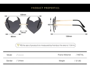 Detailed size chart for rimless metal devil sunglasses showing frame and lens dimensions