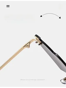 Macro view of durable golden metal hinges and precision screw on rimless sunglasses