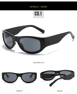 Detailsicht von vorne, hinten und im 45-Grad-Winkel der schmalen schwarzen Sportbrille