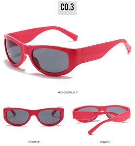 Drei-Winkel-Ansicht der roten Y2K Sportsonnenbrille mit Front-, Rück- und Seitenrahmen