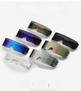 Close-up of rimless wraparound sunglasses in six metallic colors with waterproof lenses