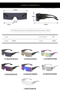 Detailed technical specifications and dimensions for rimless wrap-around sports sunglasses