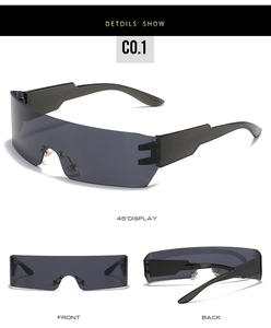 Three perspectives of frameless wrap sports sunglasses with grey lenses and black frame
