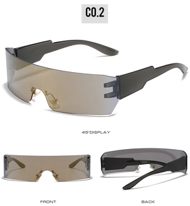 Three-view display of rimless wrap-around sports sunglasses with tea-tinted lenses
