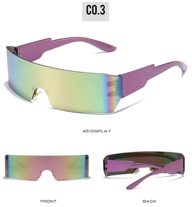 Detail view of colorful reflective wrap-around rimless sports sunglasses with purple frame