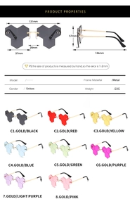 Detailed size specifications and 8 color options for rimless hexagonal hip hop sunglasses
