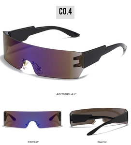 Three perspectives of frameless wrap sunglasses with purple gradient reflective lenses