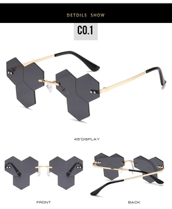 Detailed views of gold metal rimless sunglasses with hexagonal grey tinted lenses