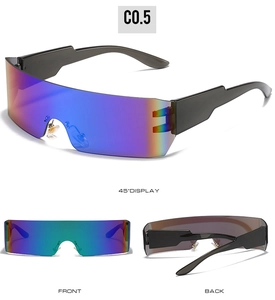 Detailed views of rimless wraparound sports sunglasses with rainbow reflective lenses