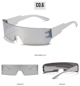 Detailed views of silver rimless wrap sports sunglasses with Y2K mirrored lenses