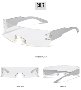 Three-view technical display of silver frameless wrap sunglasses with futuristic design