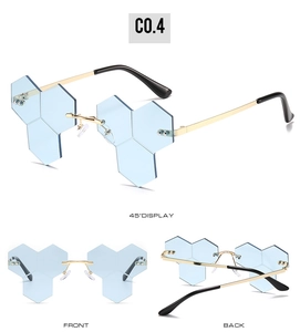 Three views of rimless hexagonal honeycomb sunglasses with light blue lenses and gold frames